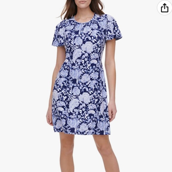 Tommy Hilfiger Floral blue&white dress Sz. 14=L short sleeve Jersey NWT stretch - Picture 1 of 16